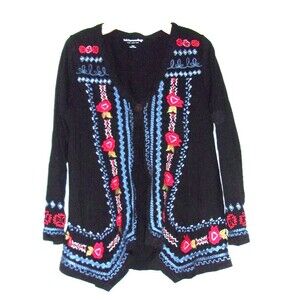 Soft Surroundings Single Button Cardigan Black Embroidery BOHO Sz.. L New